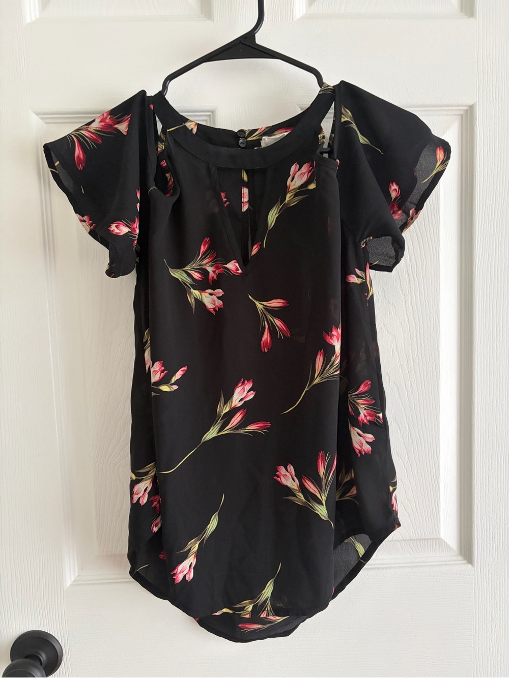 Sienna Sky Black Floral Cold-Shoulder Blouse with Pink and Green Accents